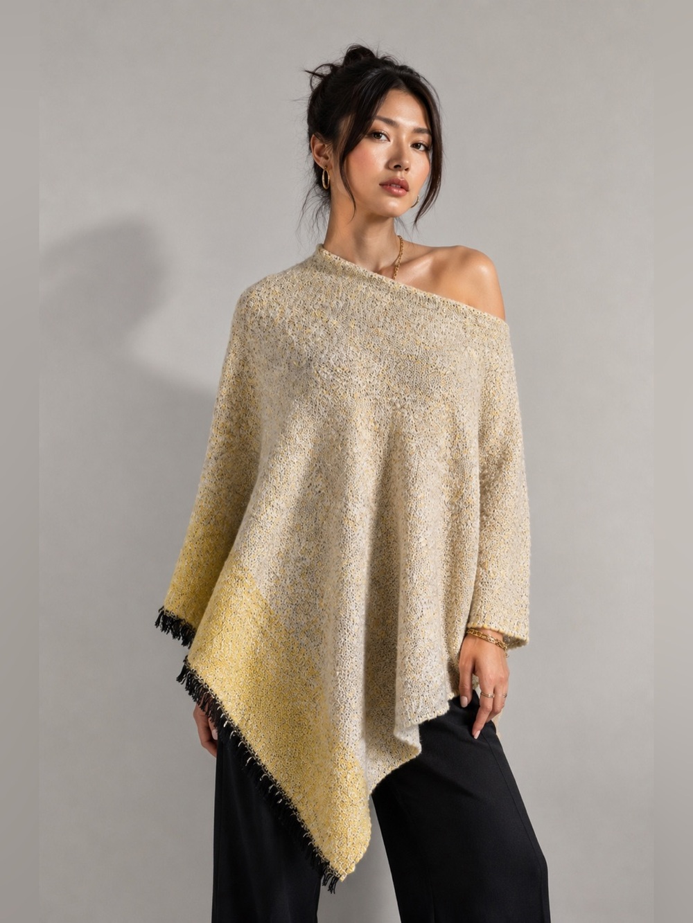 Off-the-Shoulder Beige and Yellow Gradient Knit Poncho Sweater
